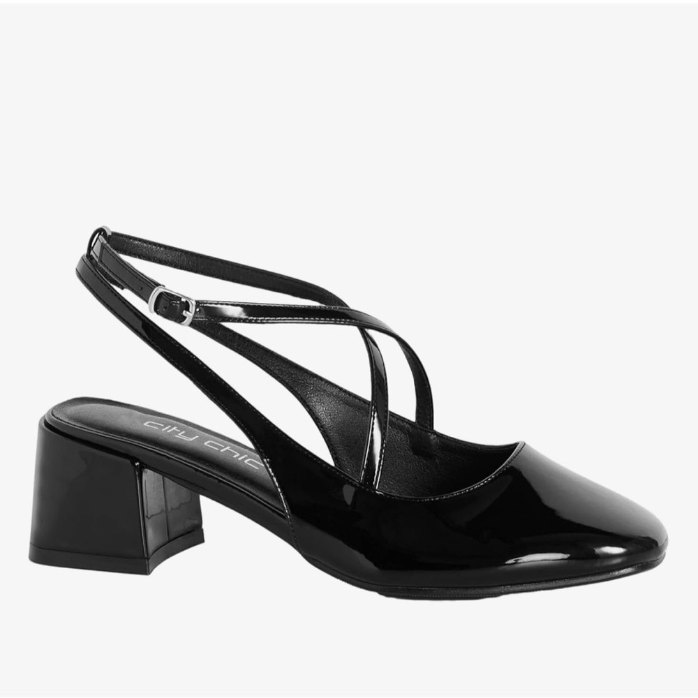 New-City Chic Black Patent Cross-Strap Slingback Block Heels